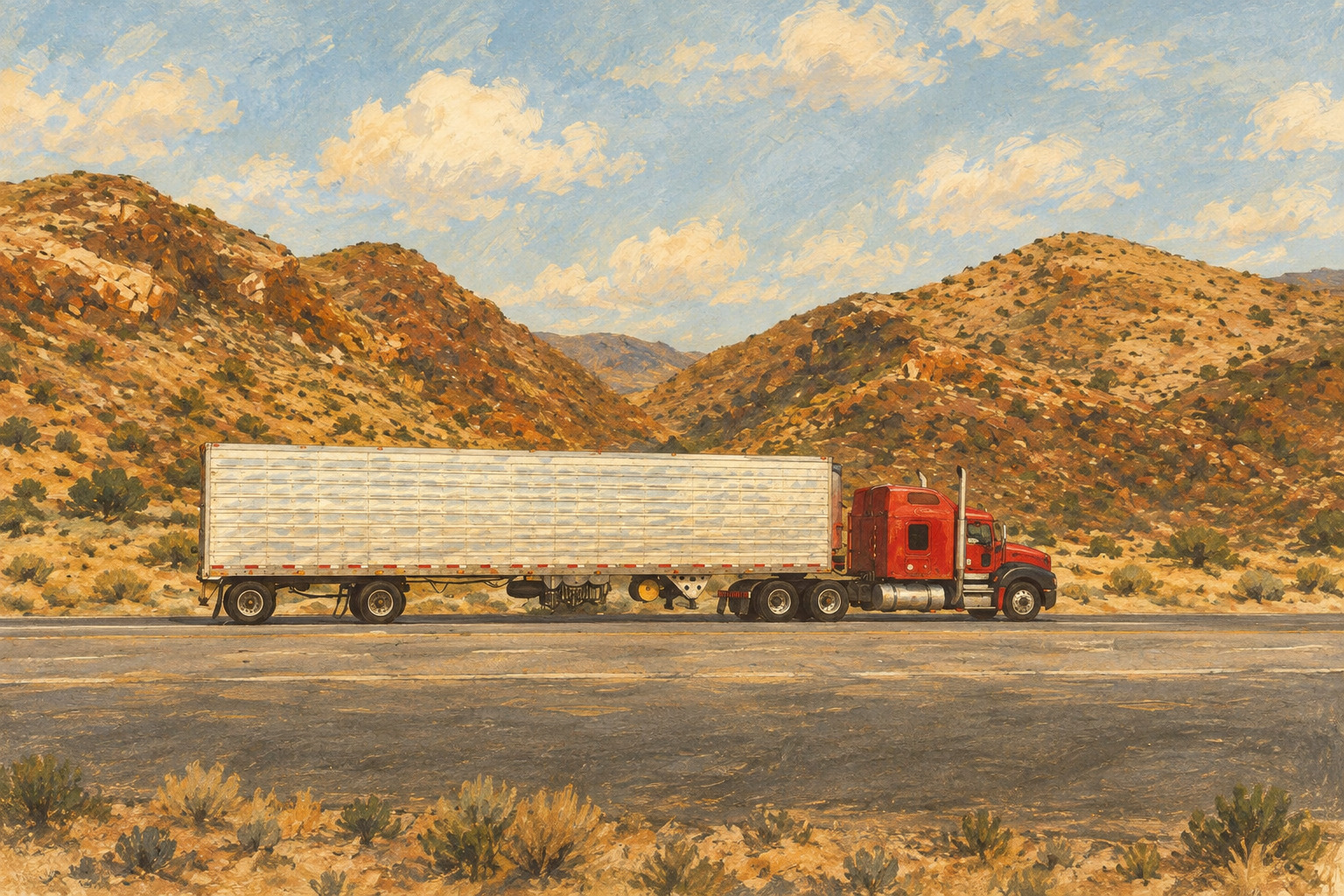 Painted illustration of a red tractor-trailer on an open highway through golden hills.